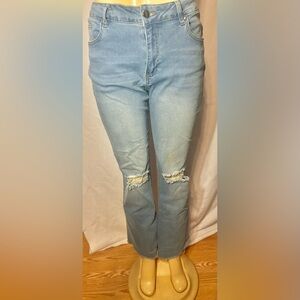 Light Blue Distressed Straight Leg Women Jeans